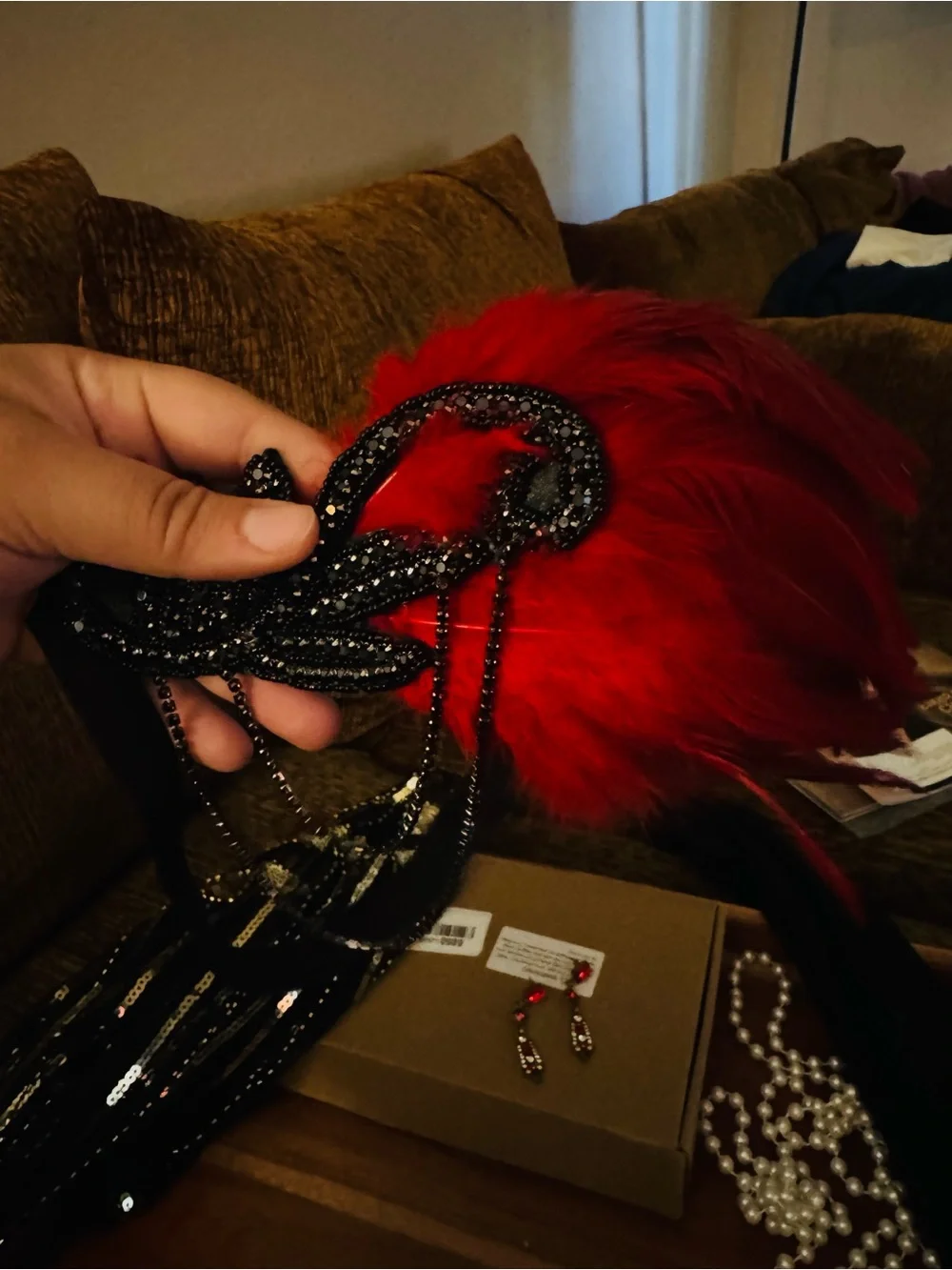 Red Feather Hair Clip with Black Beaded Accent - Women Accessories